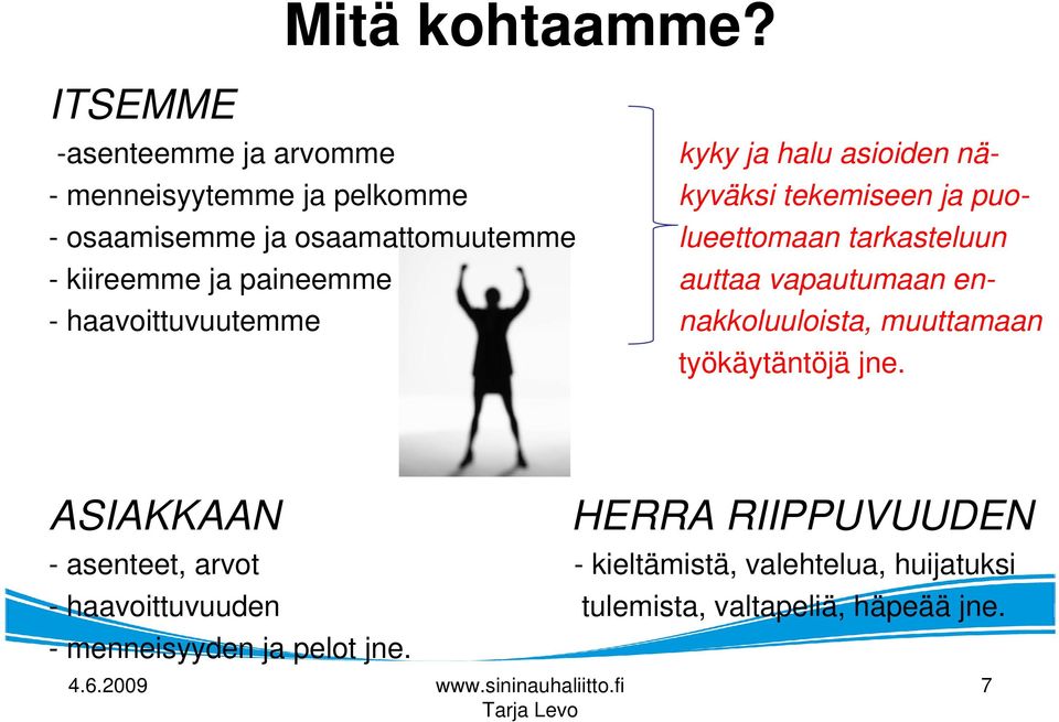 osaamisemme ja osaamattomuutemme lueettomaan tarkasteluun - kiireemme ja paineemme auttaa vapautumaan en- -
