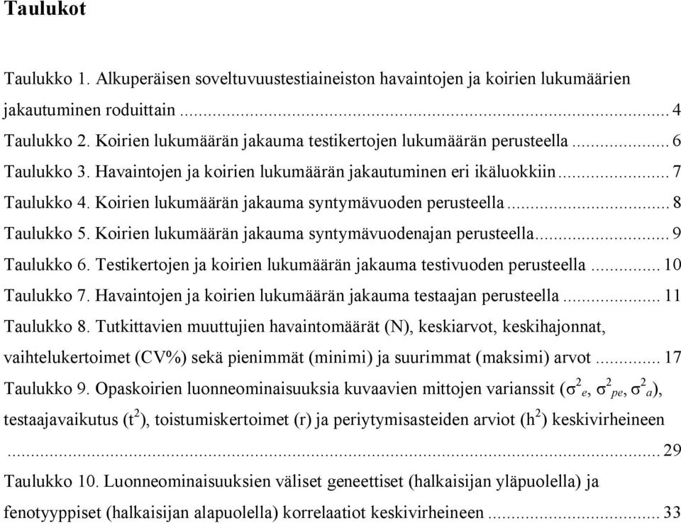 Koirien lukumäärän jakauma syntymävuodenajan perusteella... 9 Taulukko 6. Testikertojen ja koirien lukumäärän jakauma testivuoden perusteella... 10 Taulukko 7.