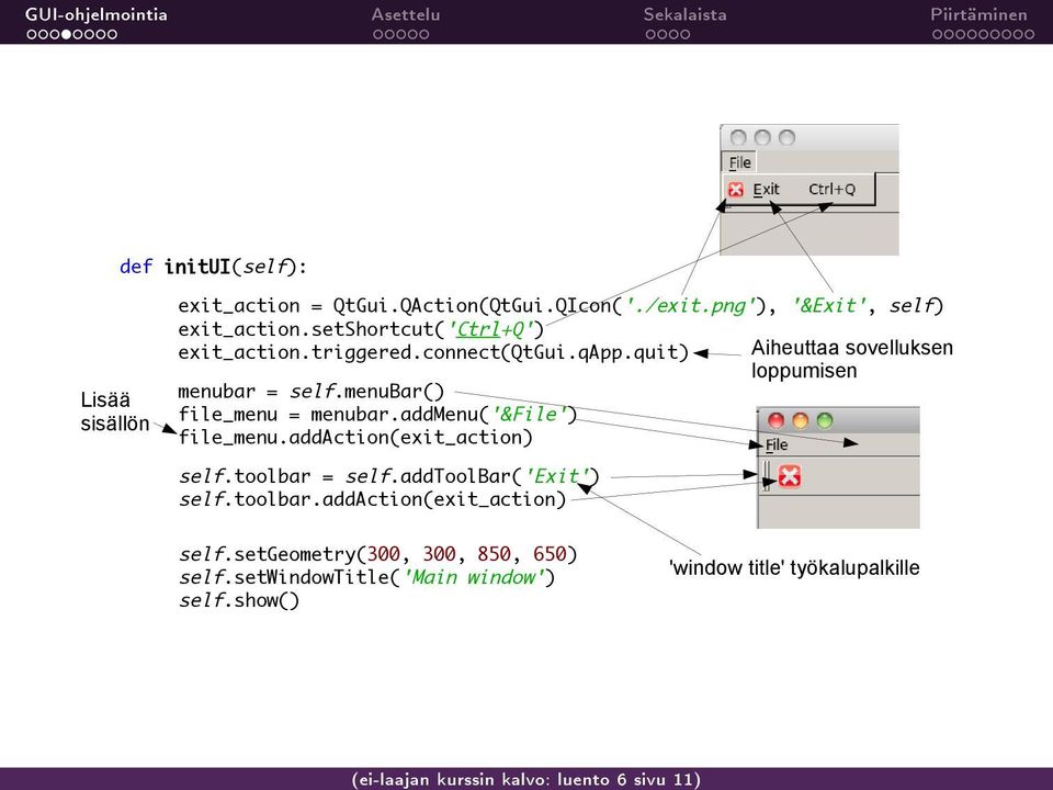 menubar() file_menu = menubar.addmenu('&file') file_menu.addaction(exit_action) Aiheuttaa sovelluksen loppumisen self.toolbar = self.