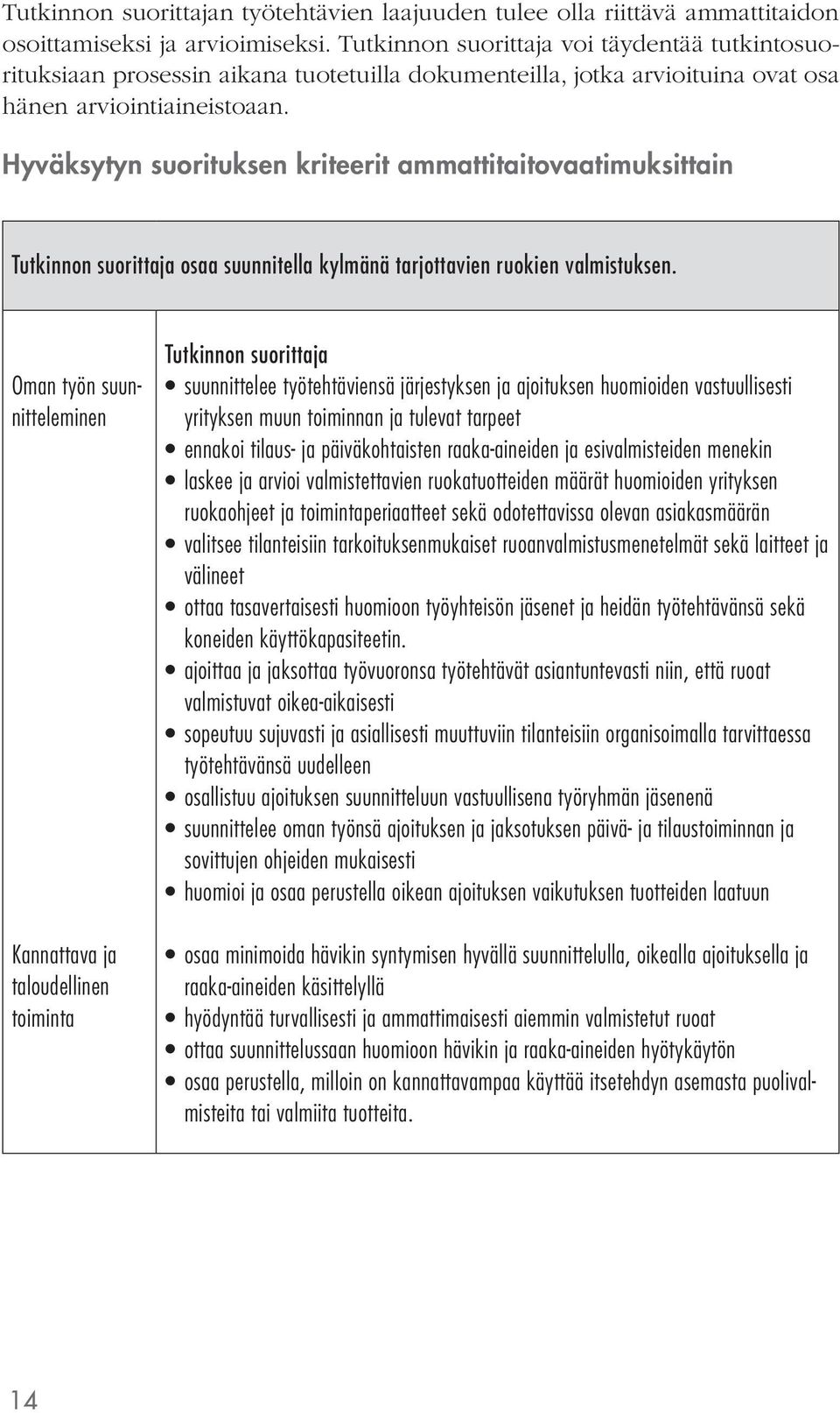 Hyväksytyn suorituksen kriteerit ammattitaitovaatimuksittain osaa suunnitella kylmänä tarjottavien ruokien valmistuksen.