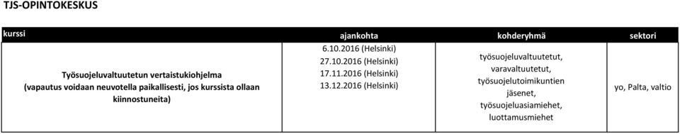 2016 (Helsinki) 27.10.2016 (Helsinki) 17.11.2016 (Helsinki) 13.12.