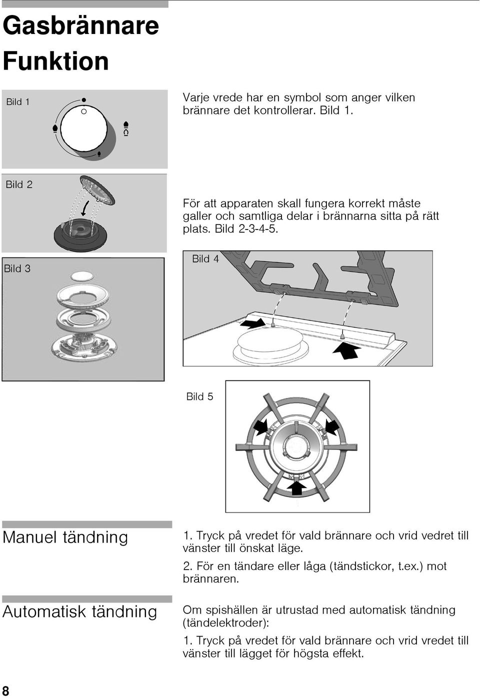 Tryck på vredet för vald brännare och vrid vedret till vänster till önskat läge. 2. För en tändare eller låga (tändstickor, t.ex.) mot brännaren.