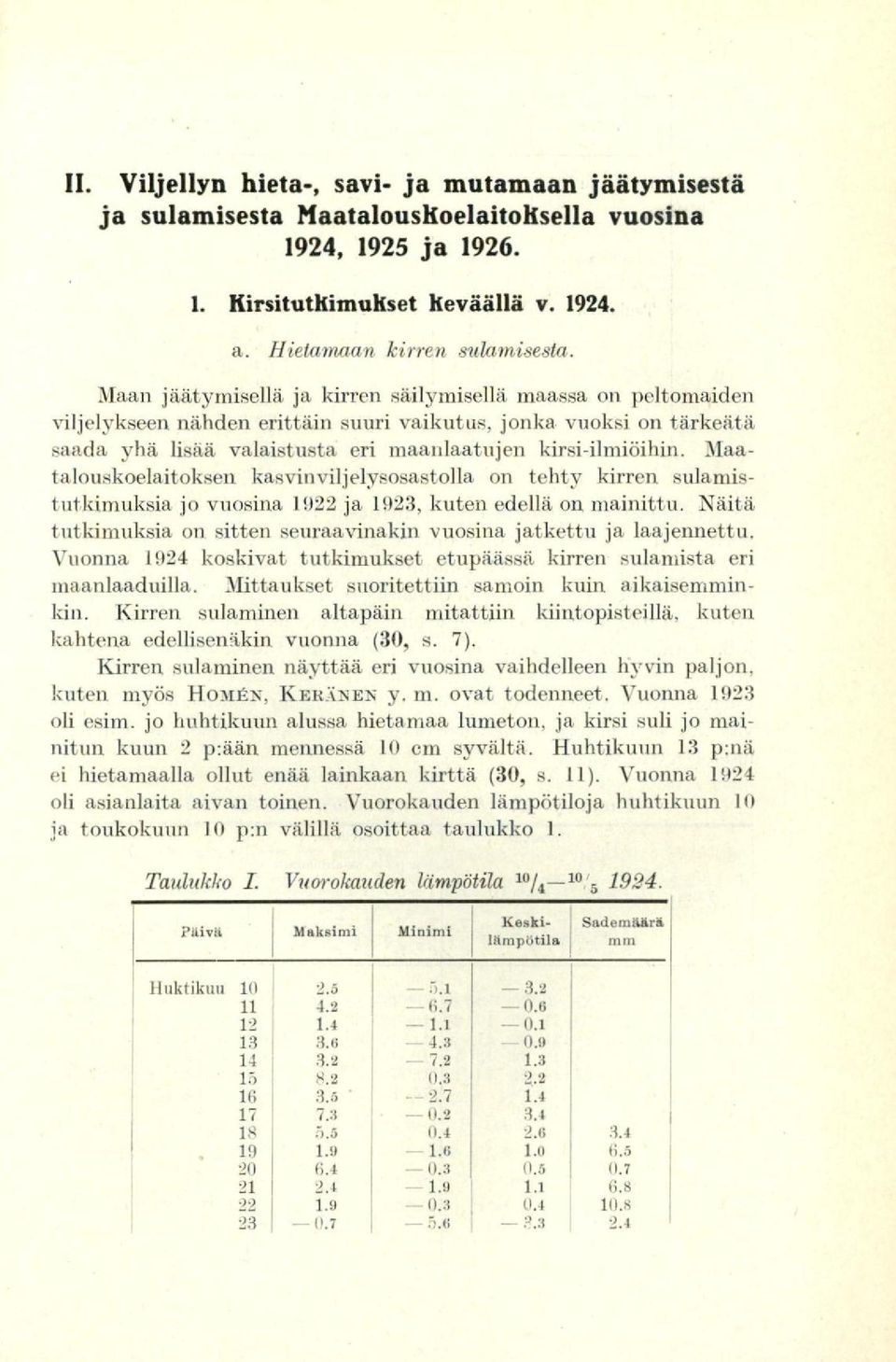 Maatalouskoelaitoksen kasvinviljelysosastolla on tehty kirren sulamistutkimuksia jo vuosina 1922 ja 1923, kuten edellä on mainittu.