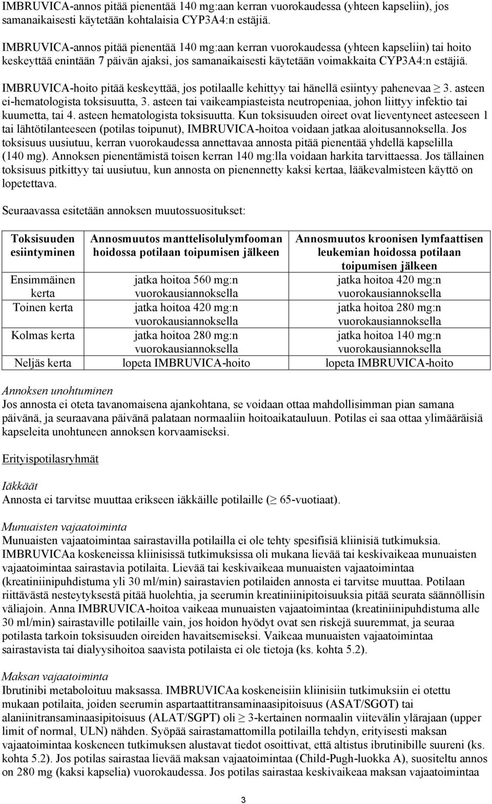 IMBRUVICA-hoito pitää keskeyttää, jos potilaalle kehittyy tai hänellä esiintyy pahenevaa 3. asteen ei-hematologista toksisuutta, 3.