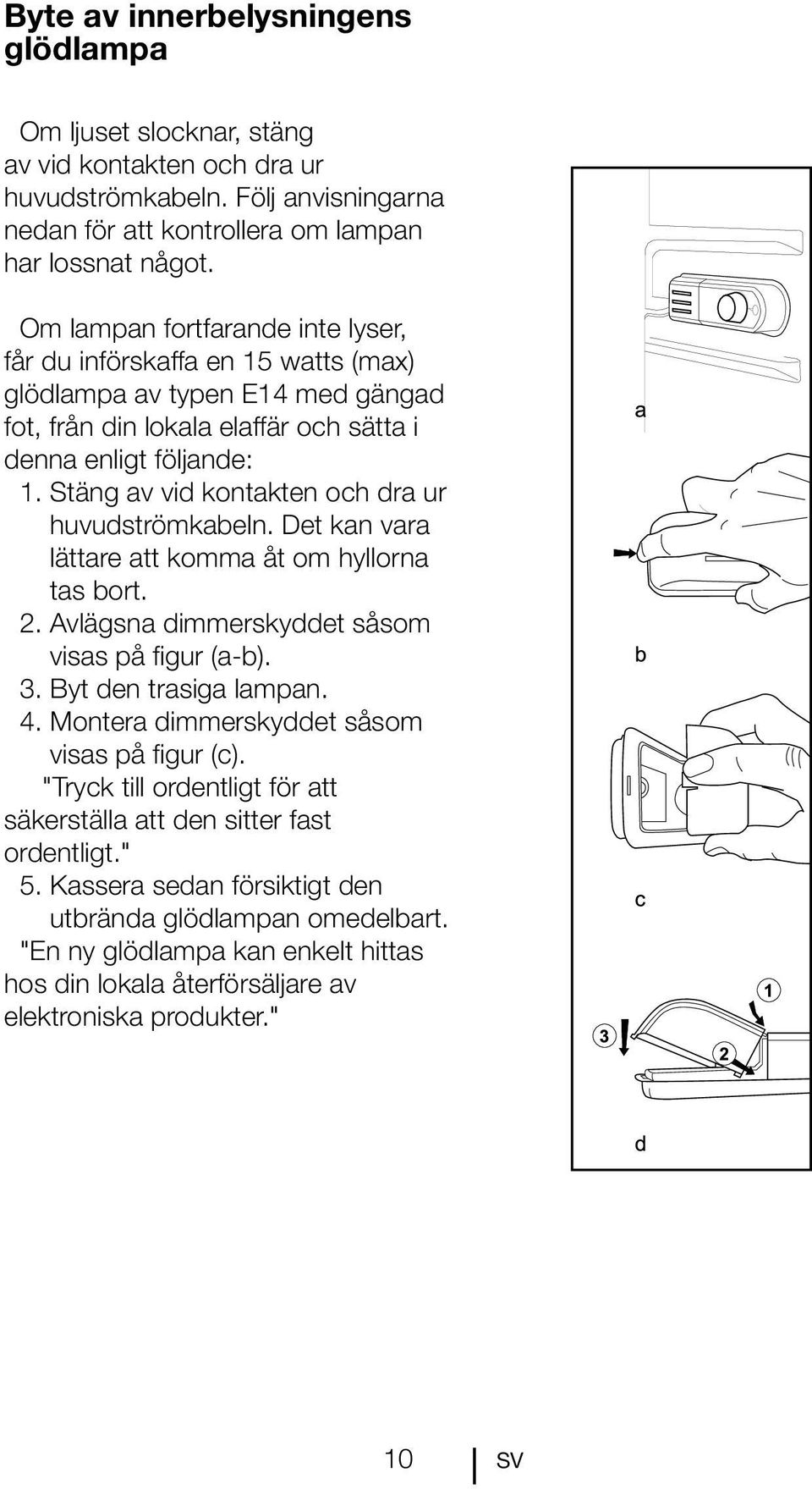 Stäng av vid kontakten och dra ur huvudströmkabeln. Det kan vara lättare att komma åt om hyllorna tas bort. 2. Avlägsna dimmerskyddet såsom visas på figur (a-b). 3. Byt den trasiga lampan. 4.