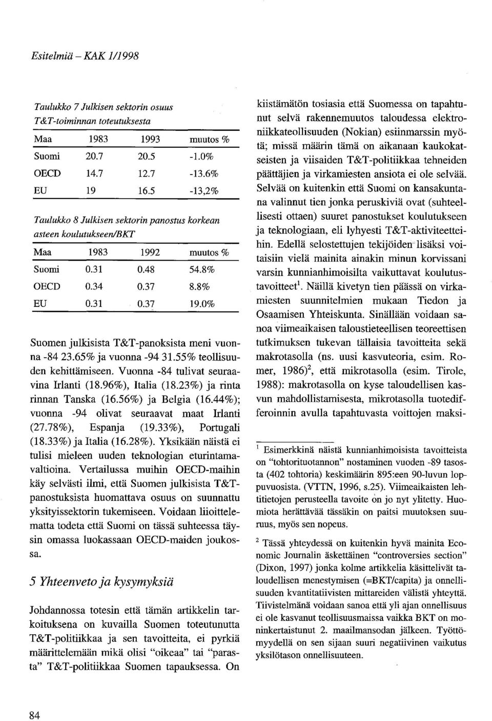 0% Suomen julkisista T &T -panoksista meni vuonna -84 23.65% ja vuonna -94 31.55% teollisuuden kehittämiseen. Vuonna -84 tulivat seuraavina Irlanti (18.96%), Italia (18.