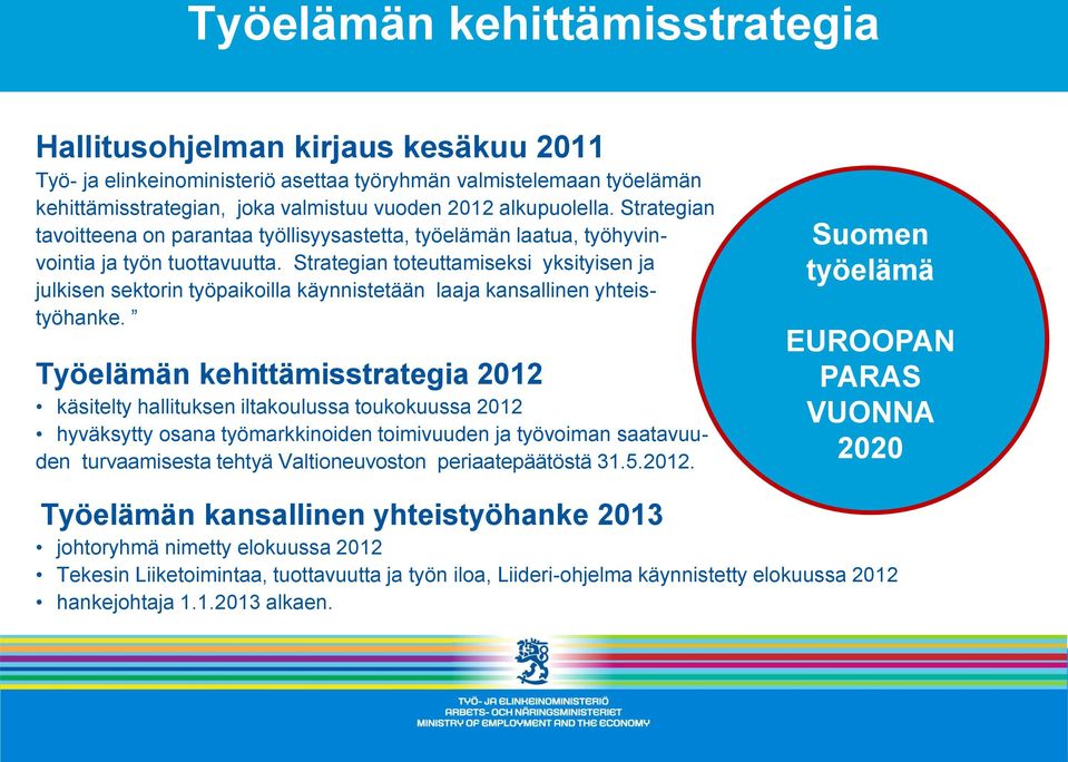 Strategian toteuttamiseksi yksityisen ja julkisen sektorin työpaikoilla käynnistetään laaja kansallinen yhteistyöhanke.