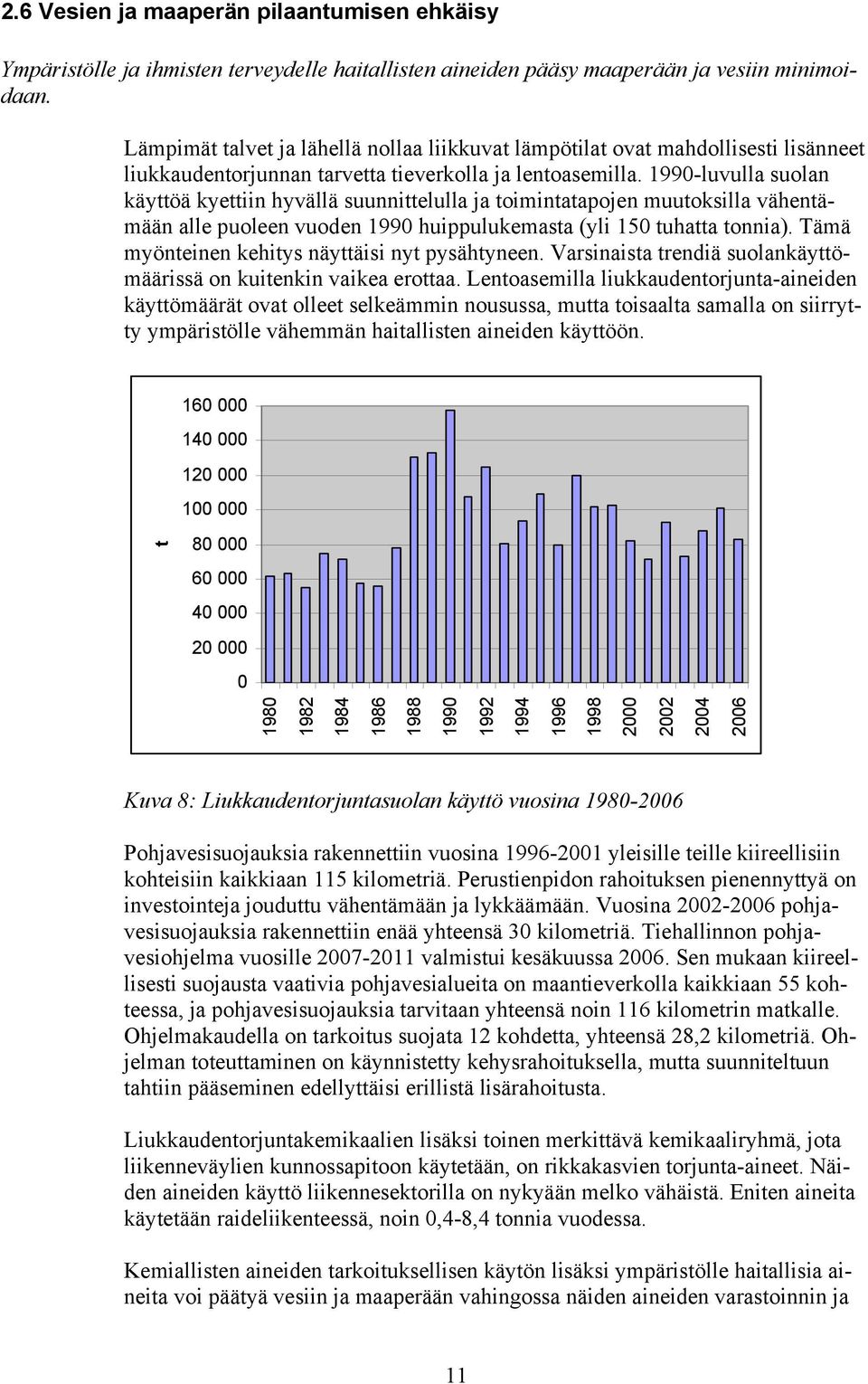 1990-luvulla suolan käyttöä kyettiin hyvällä suunnittelulla ja toimintatapojen muutoksilla vähentämään alle puoleen vuoden 1990 huippulukemasta (yli 150 tuhatta tonnia).