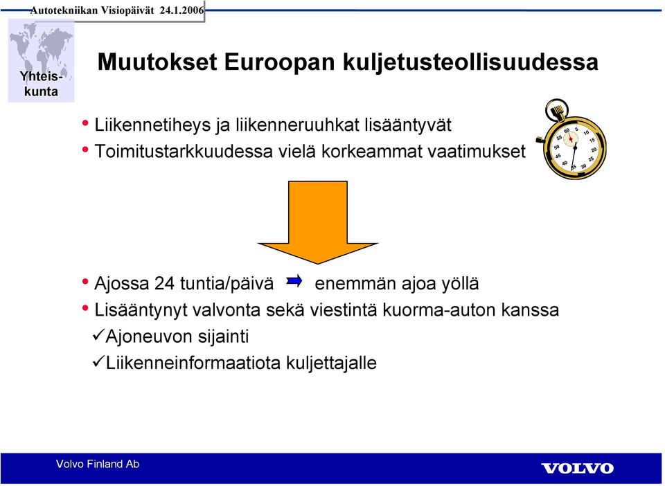 vaatimukset Ajossa 24 tuntia/päivä enemmän ajoa yöllä Lisääntynyt valvonta