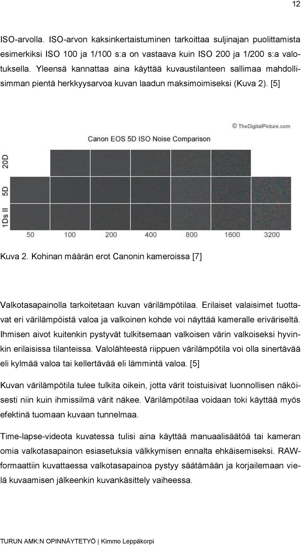 Kohinan määrän erot Canonin kameroissa [7] Valkotasapainolla tarkoitetaan kuvan värilämpötilaa.