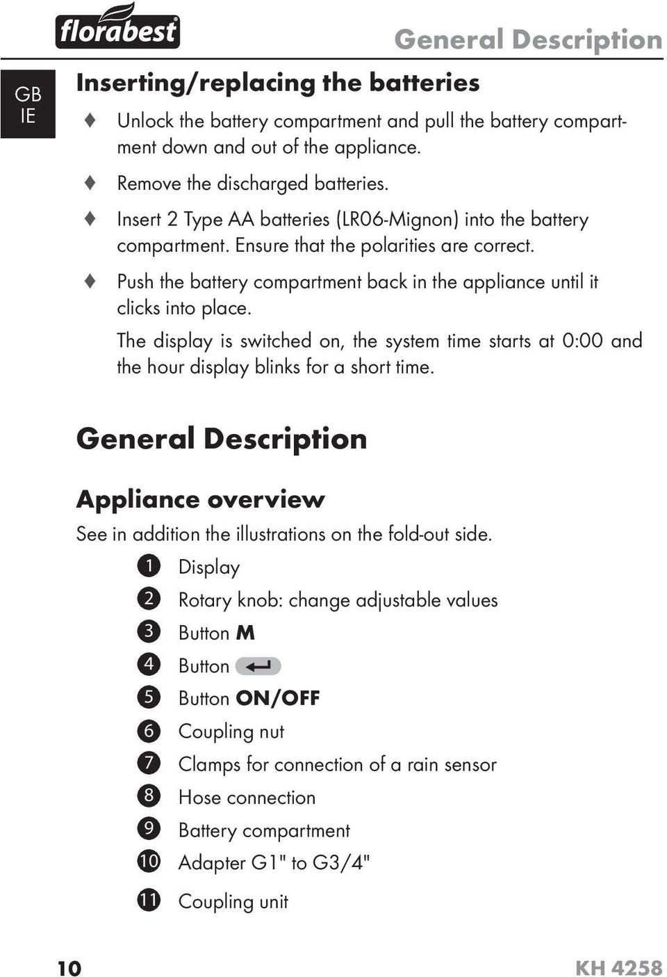 The display is switched on, the system time starts at 0:00 and the hour display blinks for a short time. General Description Appliance overview See in addition the illustrations on the fold-out side.
