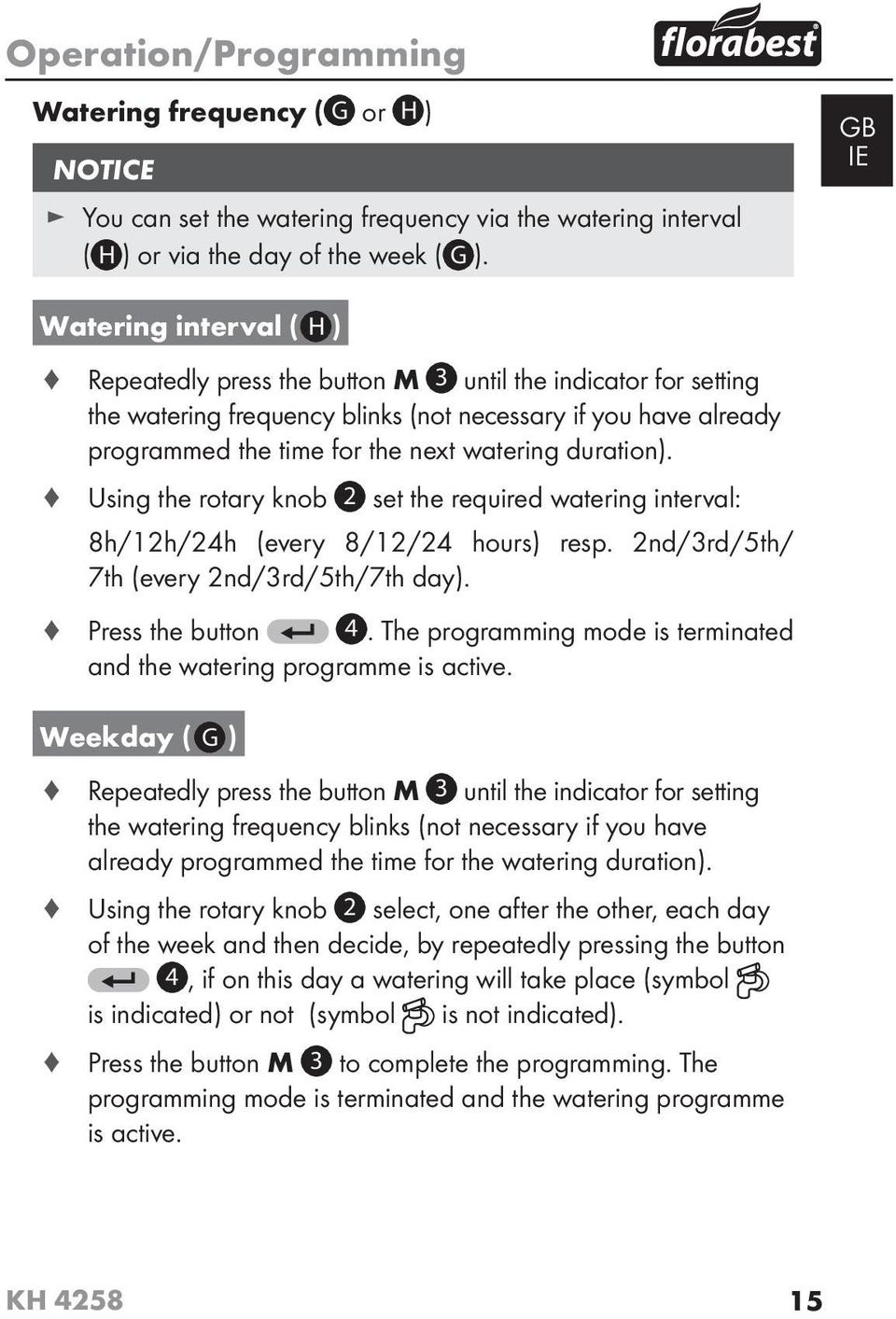 watering duration). Using the rotary knob 2 set the required watering interval: 8h/12h/24h (every 8/12/24 hours) resp. 2nd/3rd/5th/ 7th (every 2nd/3rd/5th/7th day). Press the button 4.