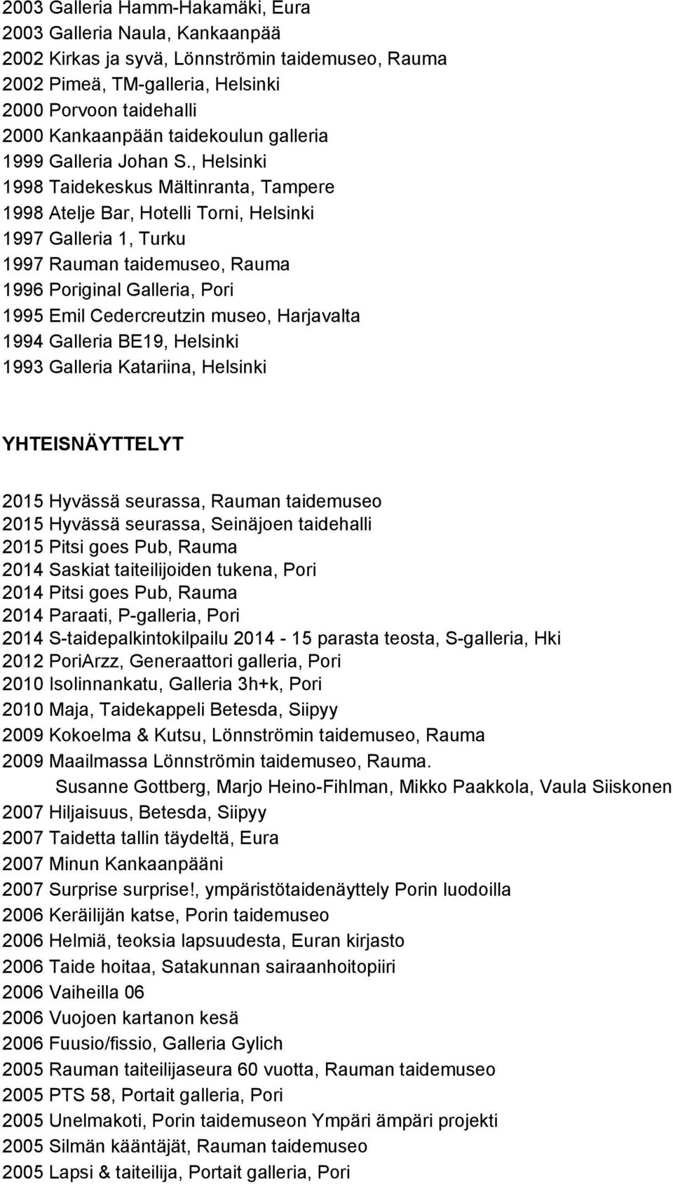 , Helsinki 1998 Taidekeskus Mältinranta, Tampere 1998 Atelje Bar, Hotelli Torni, Helsinki 1997 Galleria 1, Turku 1997 Rauman taidemuseo, Rauma 1996 Poriginal Galleria, Pori 1995 Emil Cedercreutzin