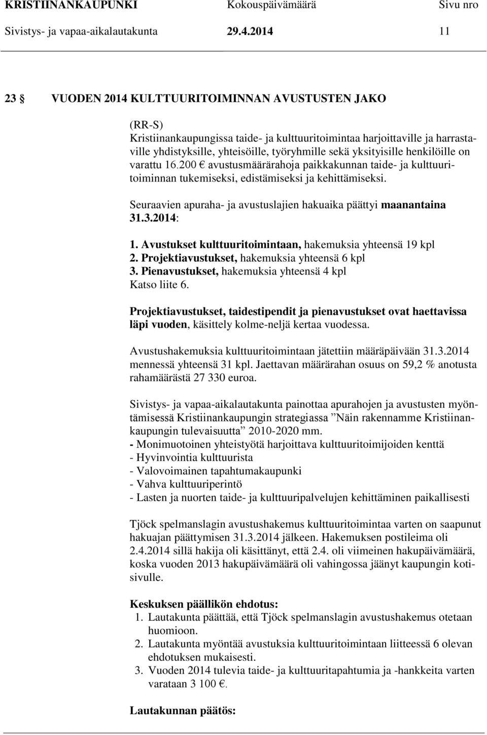 yksityisille henkilöille on varattu 16.200 avustusmäärärahoja paikkakunnan taide- ja kulttuuritoiminnan tukemiseksi, edistämiseksi ja kehittämiseksi.