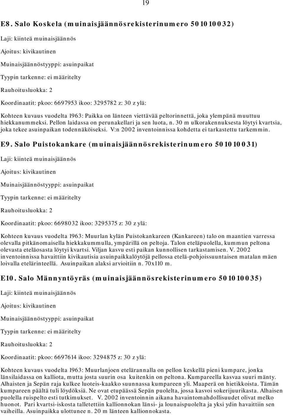 z: 30 z ylä: Kohteen kuvaus vuodelta 1963: Paikka on länteen viettävää peltorinnettä, joka ylempänä muuttuu hiekkanummeksi. Pellon laidassa on perunakellari ja sen luota, n.