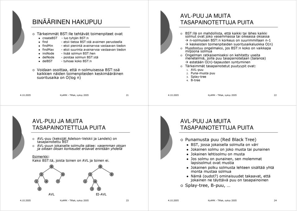 toimenpiteiden keskimääräinen suoritusaika on O(log n) AVL-PUU JA MUITA BST:llä on mahdollista, että kaikki tai lähes kaikki solmut ovat joko vasemmassa tai oikeassa oksassa n-solmuisen BST:n korkeus
