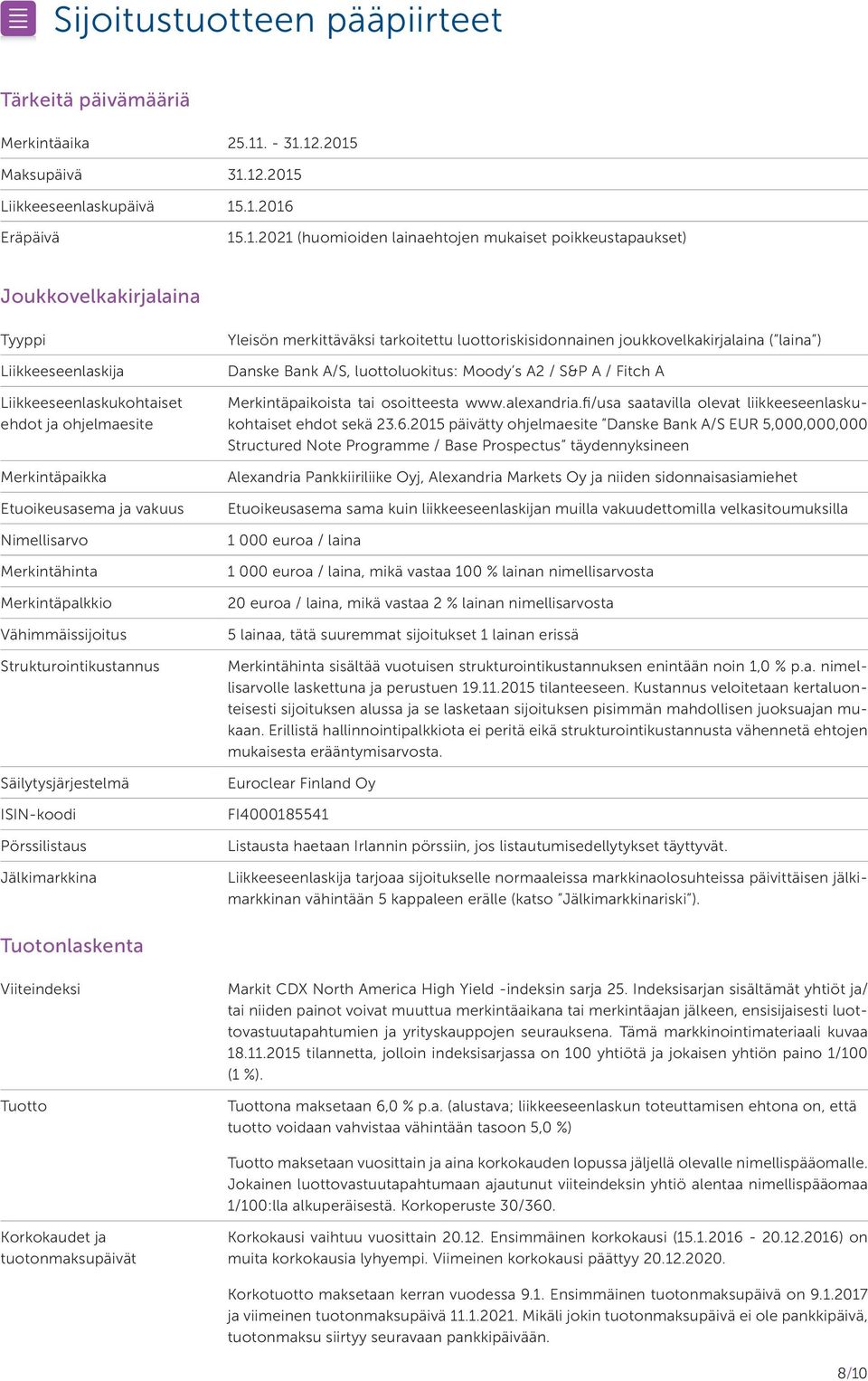 12.2015 Maksupäivä 31.12.2015 Liikkeeseenlaskupäivä 15.1.2016 Eräpäivä 15.1.2021 (huomioiden lainaehtojen mukaiset poikkeustapaukset) Joukkovelkakirjalaina Tyyppi Liikkeeseenlaskija