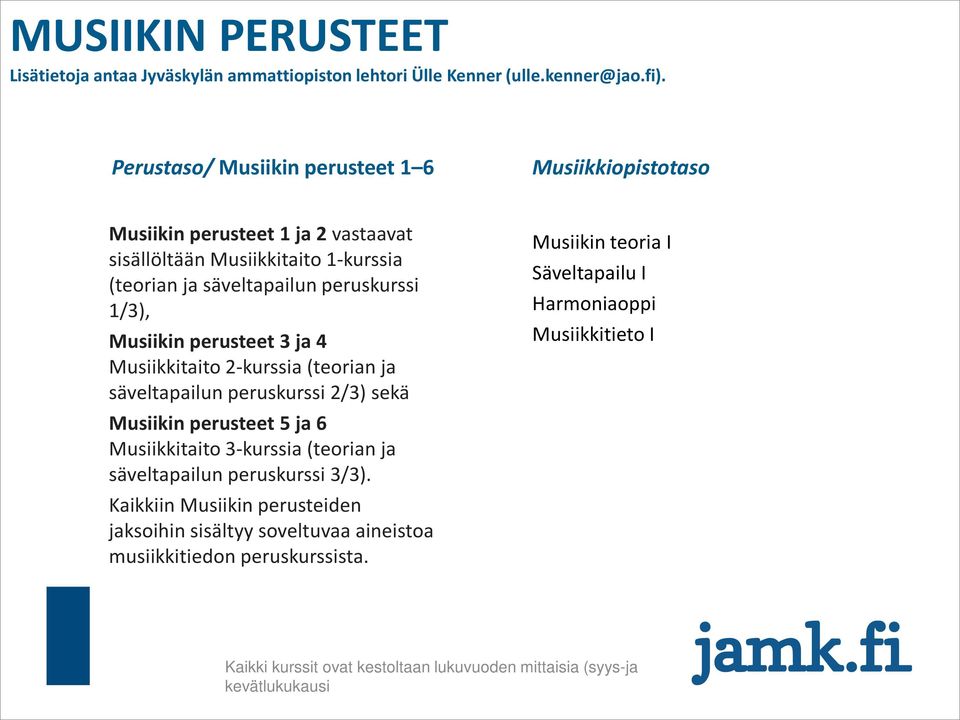 Musiikin perusteet 3 ja 4 Musiikkitaito 2-kurssia (teorian ja säveltapailun peruskurssi 2/3) sekä Musiikin perusteet 5 ja 6 Musiikkitaito 3-kurssia (teorian ja säveltapailun