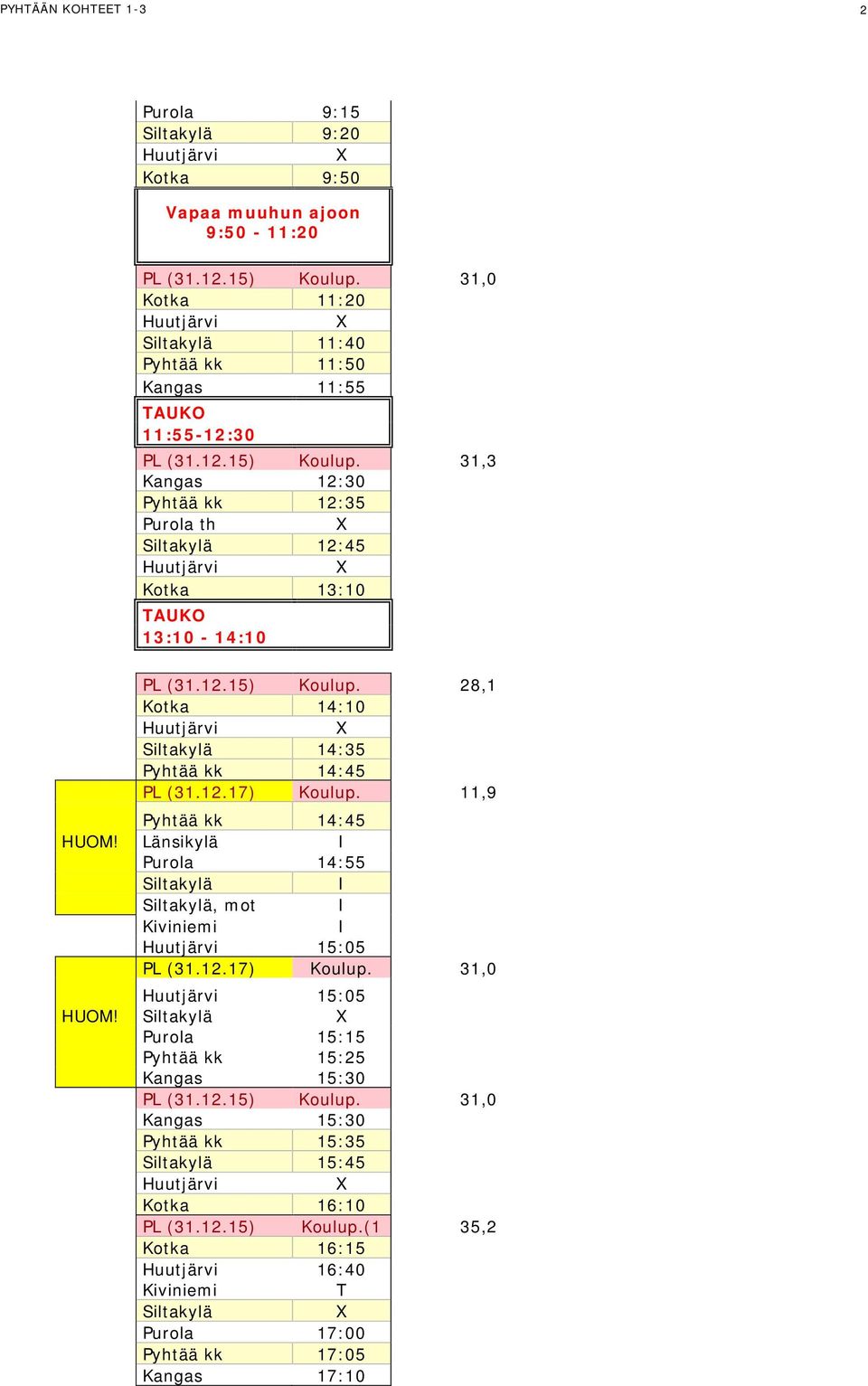 31,3 Kangas 12:30 Pyhtää kk 12:35 Purola th Siltakylä 12:45 Huutjärvi Kotka 13:10 TAUKO 13:10-14:10 PL (31.12.15) Koulup. 28,1 Kotka 14:10 Huutjärvi Siltakylä 14:35 Pyhtää kk 14:45 PL (31.12.17) Koulup.