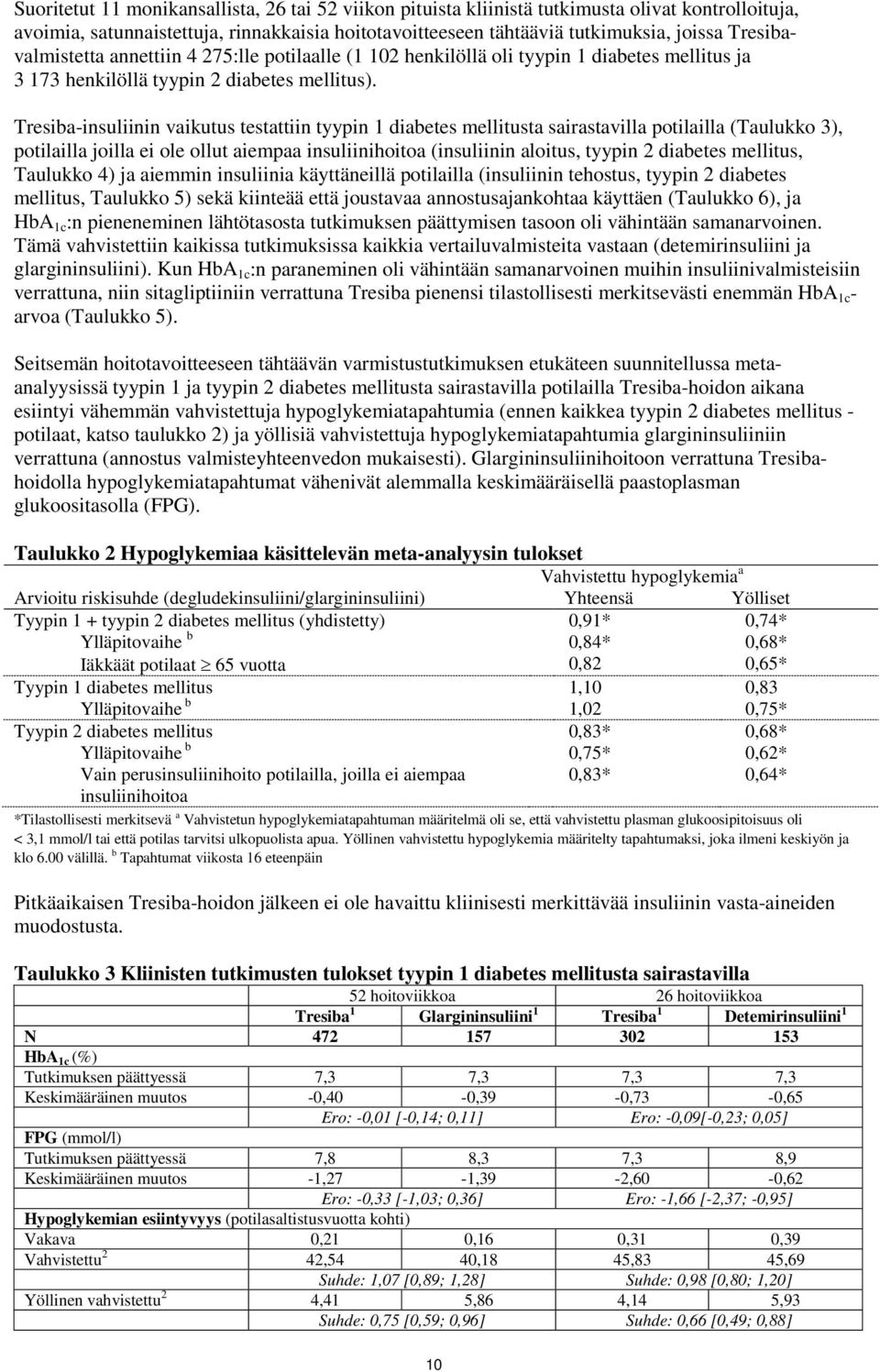 Tresiba-insuliinin vaikutus testattiin tyypin 1 diabetes mellitusta sairastavilla potilailla (Taulukko 3), potilailla joilla ei ole ollut aiempaa insuliinihoitoa (insuliinin aloitus, tyypin 2