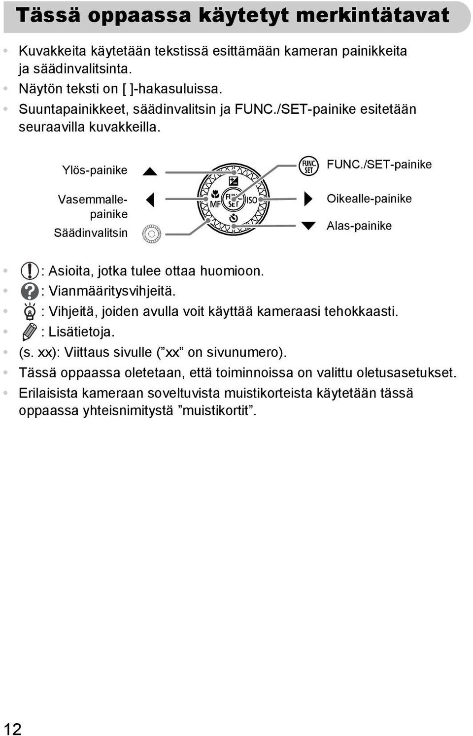 /SET-painike Oikealle-painike Alas-painike : Asioita, jotka tulee ottaa huomioon. : Vianmääritysvihjeitä. : Vihjeitä, joiden avulla voit käyttää kameraasi tehokkaasti.