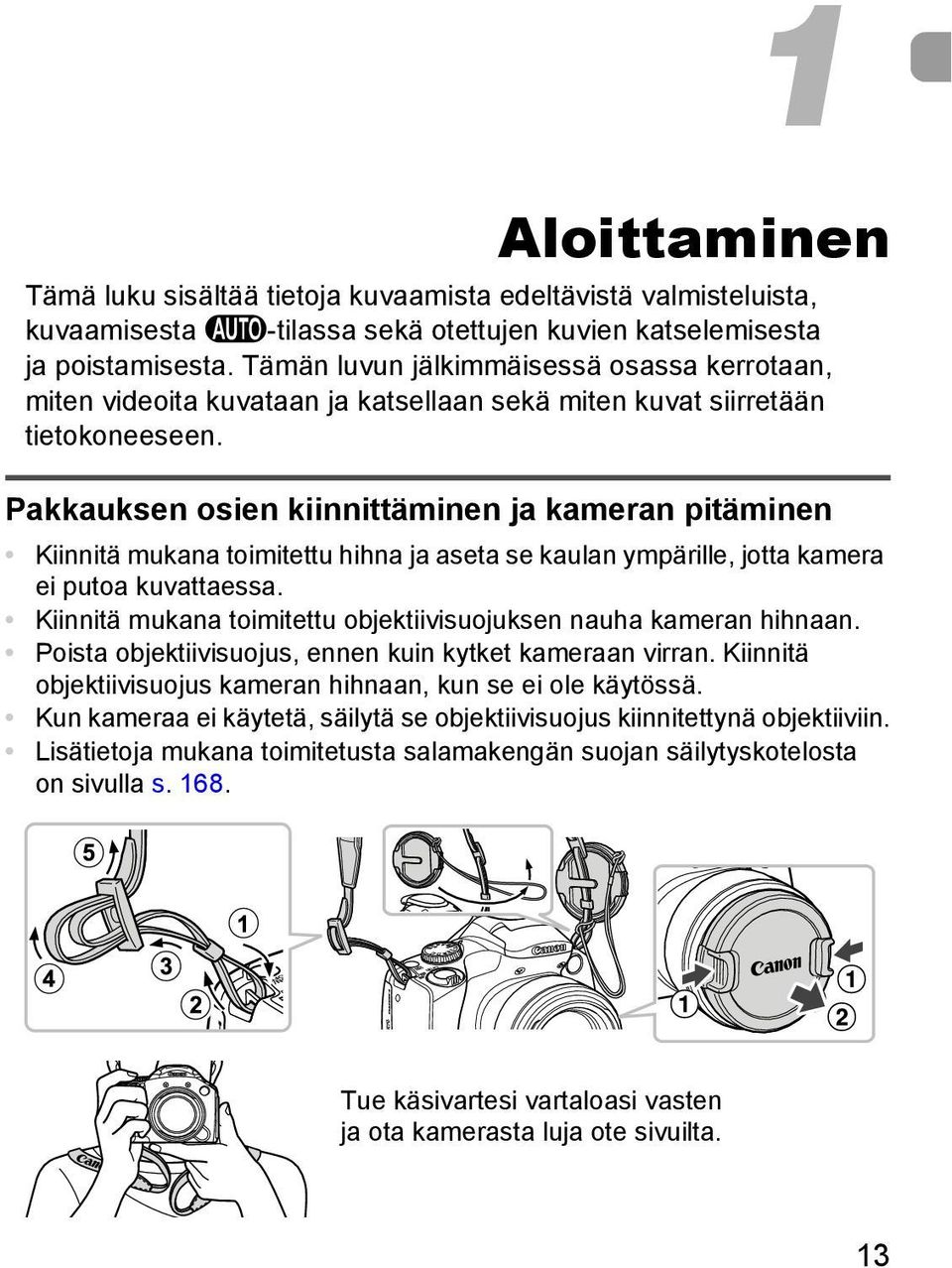 Pakkauksen osien kiinnittäminen ja kameran pitäminen Kiinnitä mukana toimitettu hihna ja aseta se kaulan ympärille, jotta kamera ei putoa kuvattaessa.