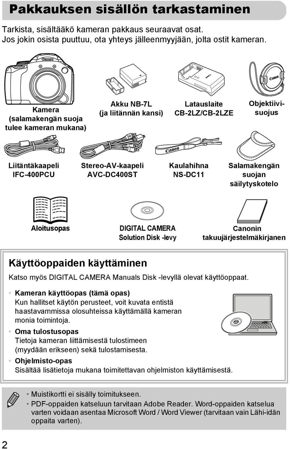 NS-DC11 Salamakengän suojan säilytyskotelo Aloitusopas DIGITAL CAMERA Solution Disk -levy Canonin takuujärjestelmäkirjanen Käyttöoppaiden käyttäminen Katso myös DIGITAL CAMERA Manuals Disk -levyllä