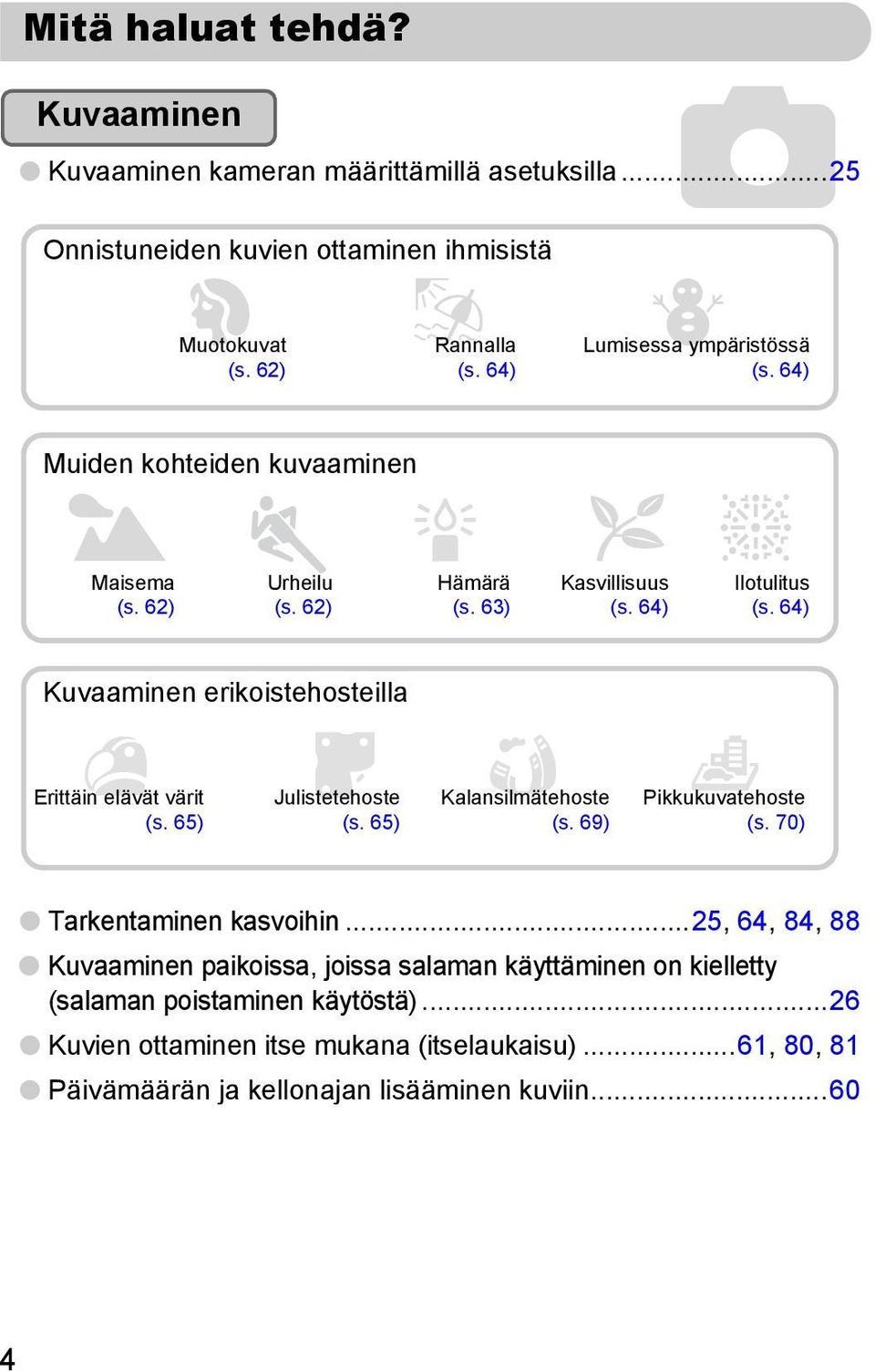 64) Kuvaaminen erikoistehosteilla Erittäin elävät värit (s. 65) Julistetehoste (s. 65) Kalansilmätehoste (s. 69) Pikkukuvatehoste (s. 70) Tarkentaminen kasvoihin.