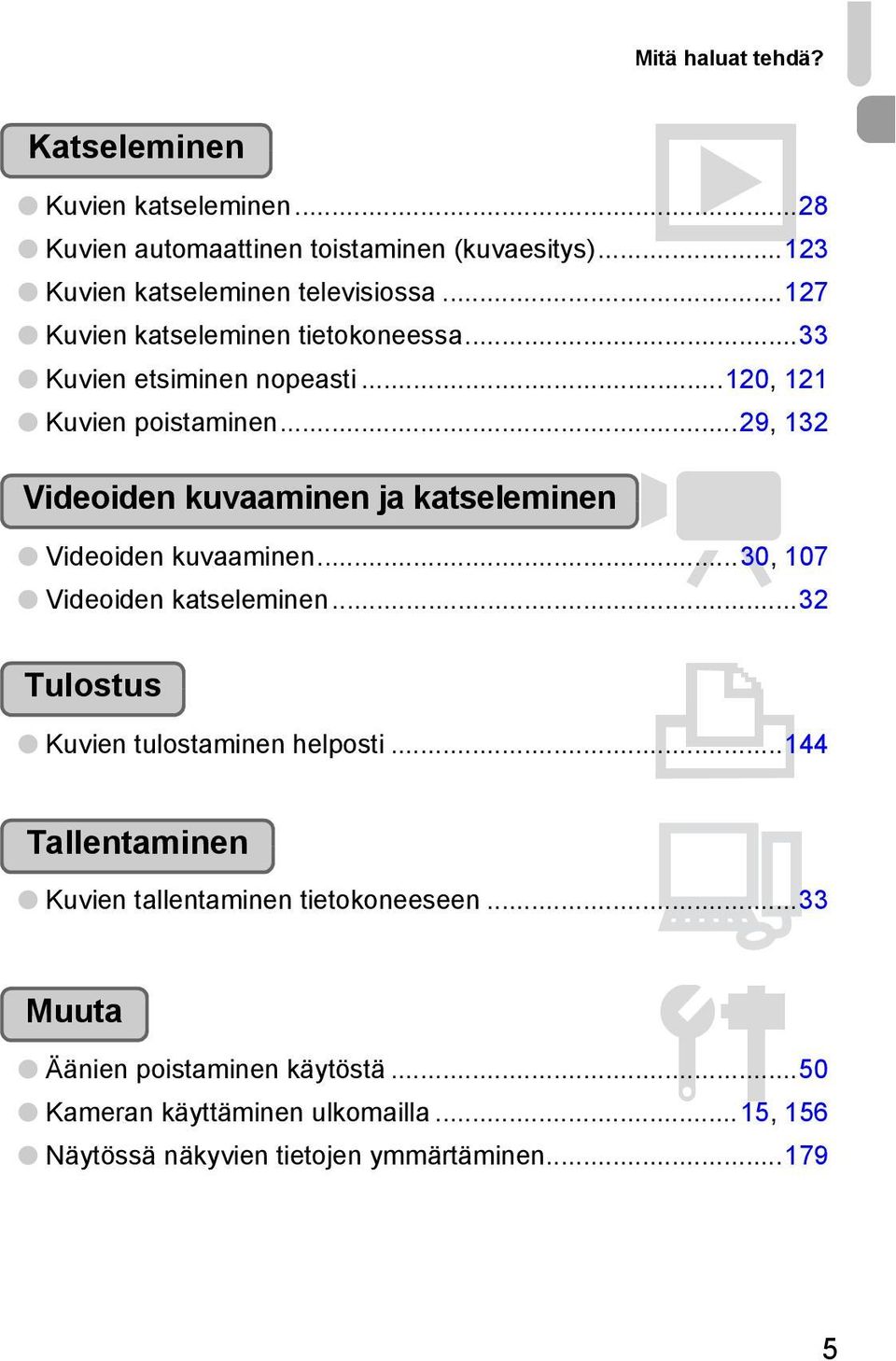 ..29, 132 Videoiden kuvaaminen ja katseleminen E Videoiden kuvaaminen...30, 107 Videoiden katseleminen...32 Tulostus 2 Kuvien tulostaminen helposti.