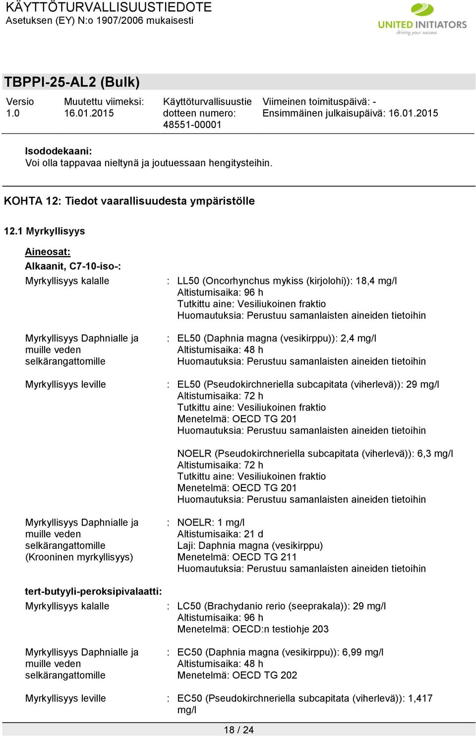 Altistumisaika: 96 h Tutkittu aine: Vesiliukoinen fraktio : EL50 (Daphnia magna (vesikirppu)): 2,4 mg/l Altistumisaika: 48 h : EL50 (Pseudokirchneriella subcapitata (viherlevä)): 29 mg/l
