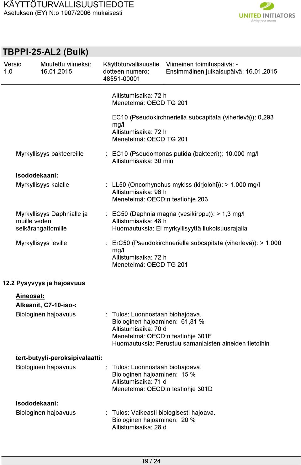 000 mg/l Altistumisaika: 30 min : LL50 (Oncorhynchus mykiss (kirjolohi)): > 00 mg/l Altistumisaika: 96 h Menetelmä: OECD:n testiohje 203 : EC50 (Daphnia magna (vesikirppu)): > 1,3 mg/l