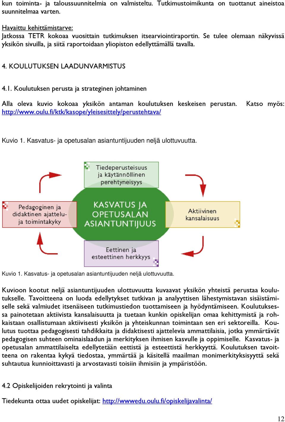 KOULUTUKSEN LAADUNVARMISTUS 4.1. Koulutuksen perusta ja strateginen johtaminen Alla oleva kuvio kokoaa yksikön antaman koulutuksen keskeisen perustan. http://www.oulu.fi/ktk/kasope/yleisesittely/perustehtava/ Katso myös: Kuvio 1.