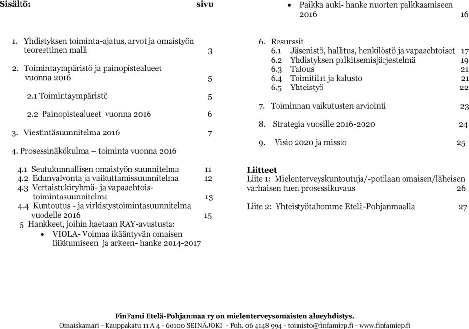 2 Edunvalvonta ja vaikuttamissuunnitelma 12 4.3 Vertaistukiryhmä- ja vapaaehtoistoimintasuunnitelma 13 4.