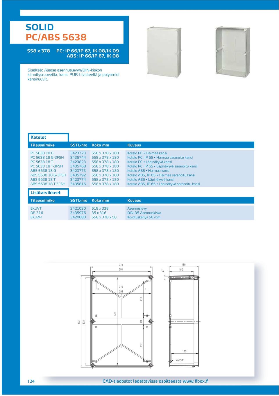 kansi PC 5638 18 T-3FSH 3435768 558 x 378 x 180 Kotelo PC, IP 65 Läpinäkyvä saranoitu kansi ABS 5638 18 G 343773 558 x 378 x 180 Kotelo ABS Harmaa kansi ABS 5638 18 G-3FSH 343579 558 x 378 x 180