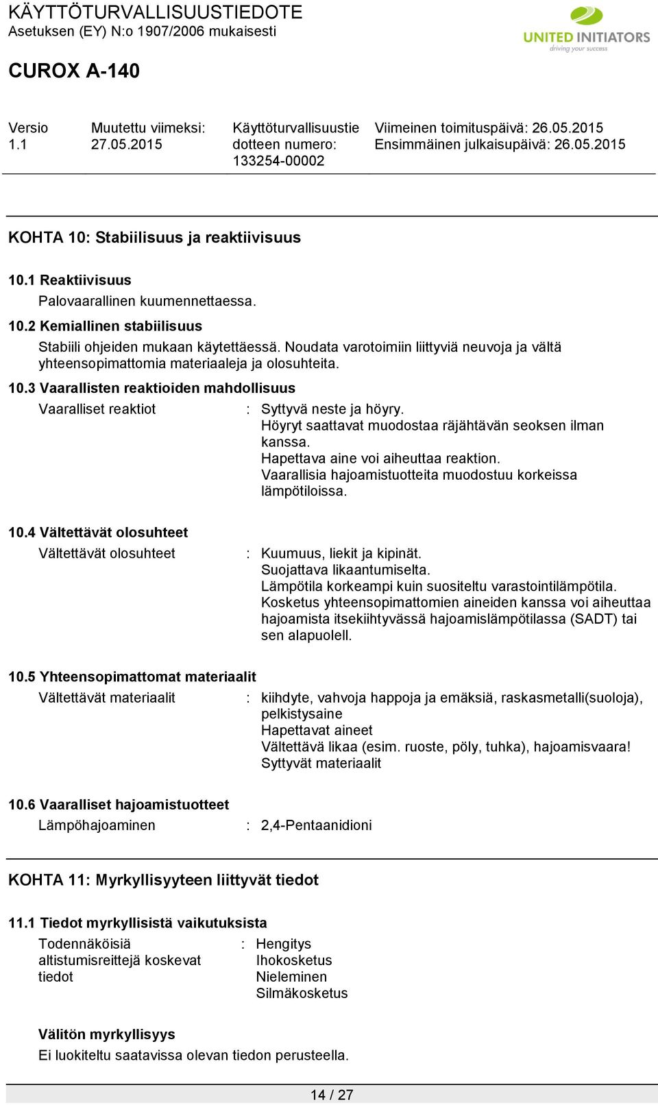 Höyryt saattavat muodostaa räjähtävän seoksen ilman kanssa. Hapettava aine voi aiheuttaa reaktion. Vaarallisia hajoamistuotteita muodostuu korkeissa lämpötiloissa. 10.