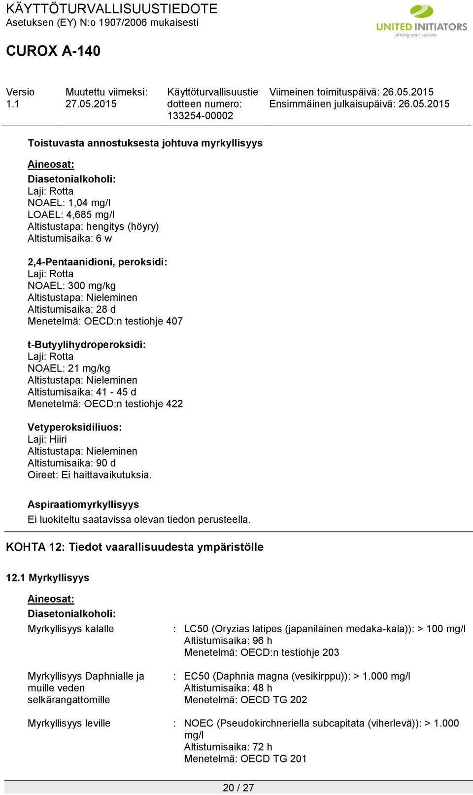 Altistumisaika: 41-45 d Menetelmä: OECD:n testiohje 422 Vetyperoksidiliuos: Laji: Hiiri Altistustapa: Nieleminen Altistumisaika: 90 d Oireet: Ei haittavaikutuksia.