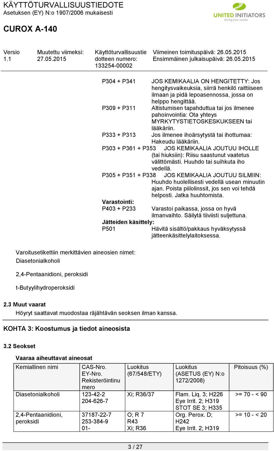 P303 + P361 + P353 JOS KEMIKAALIA JOUTUU IHOLLE (tai hiuksiin): Riisu saastunut vaatetus välittömästi. Huuhdo tai suihkuta iho vedellä.