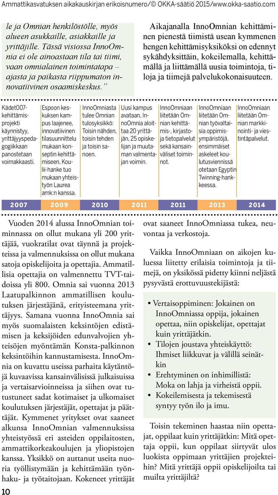 Aikajanalla InnoOmnian kehittäminen pienestä tiimistä usean kymmenen hengen kehittämisyksiköksi on edennyt sykähdyksittäin, kokeilemalla, kehittämällä ja liittämällä uusia toimintoja, tiloja ja