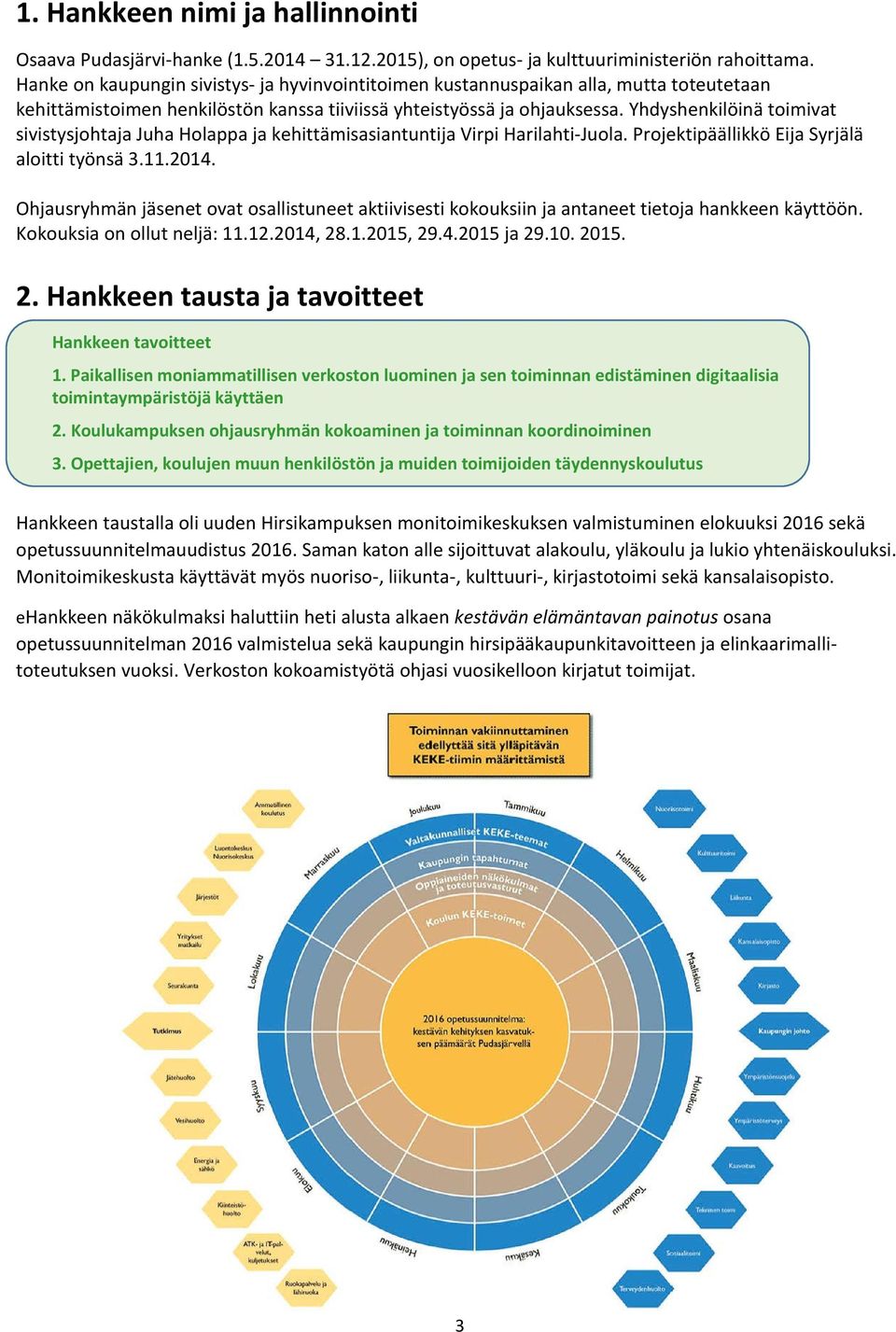 Yhdyshenkilöinä toimivat sivistysjohtaja Juha Holappa ja kehittämisasiantuntija Virpi Harilahti-Juola. Projektipäällikkö Eija Syrjälä aloitti työnsä 3.11.2014.