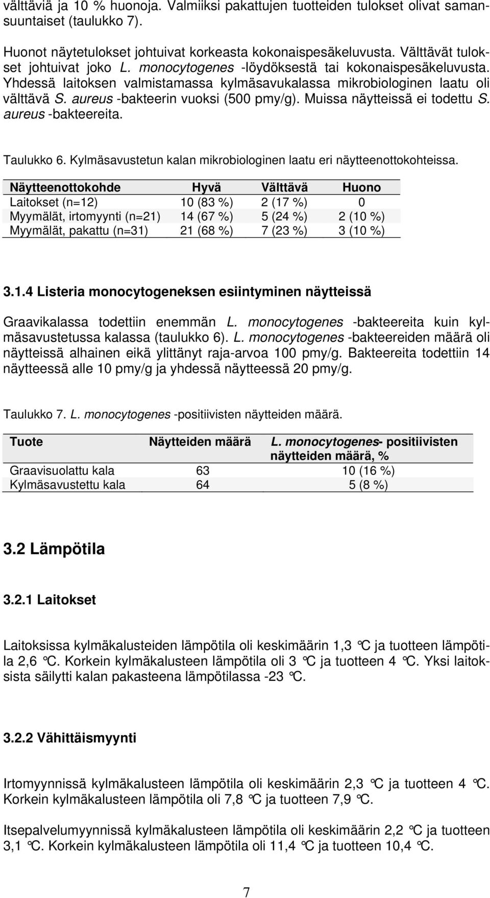 aureus -bakteerin vuoksi (500 pmy/g). Muissa näytteissä ei todettu S. aureus -bakteereita. Taulukko 6. Kylmäsavustetun kalan mikrobiologinen laatu eri näytteenottokohteissa.