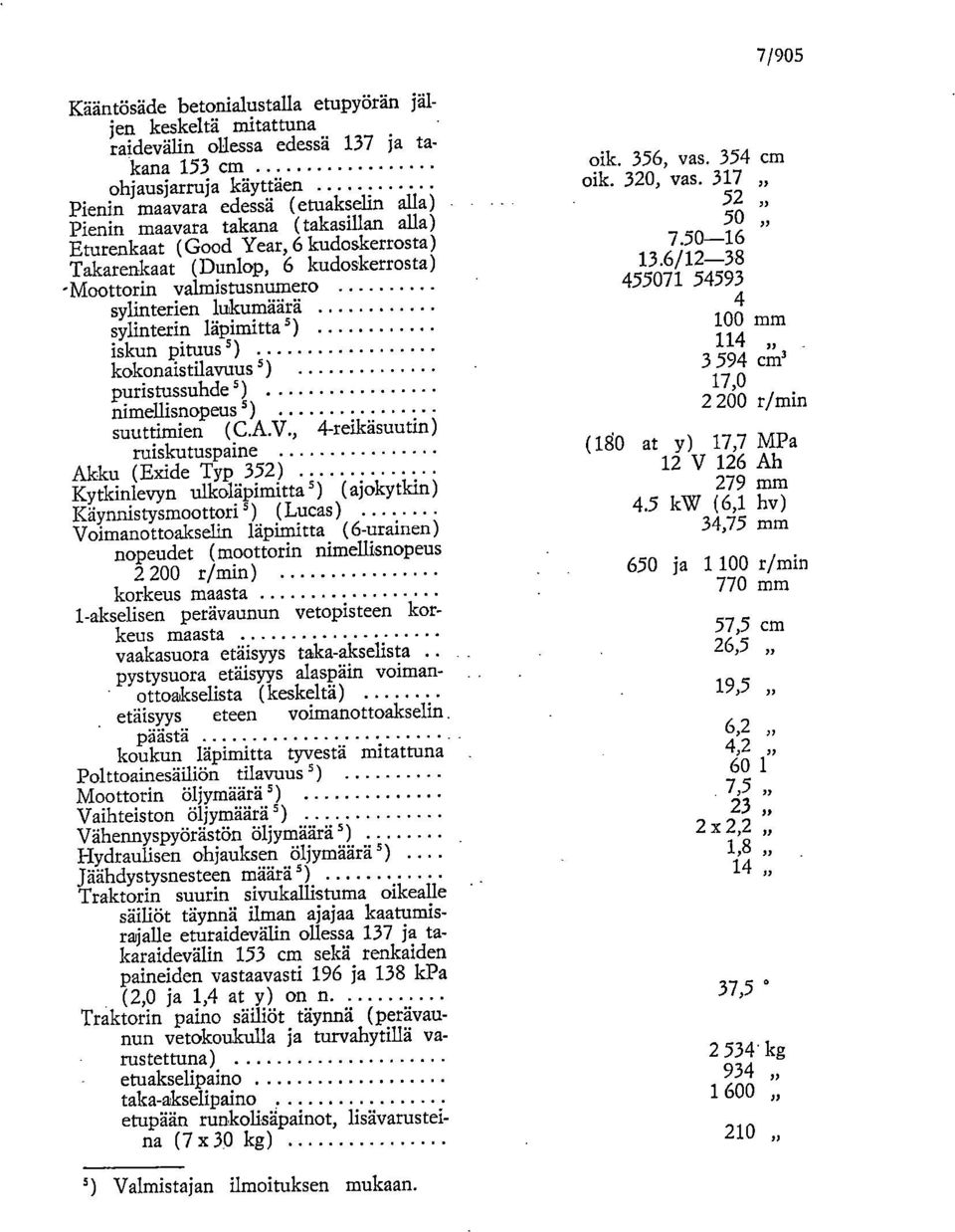 6/12-38 -Moottorin valmistusnumero 45571 54593 sylinterien lukumäärä 4 sylinterin läpimitta') 1 mm iskun pituus') 114 kokonaistilavuus5) 3 594 cm' puristussuhde5) 17, nimellisnopeus5) 2 2 r/min