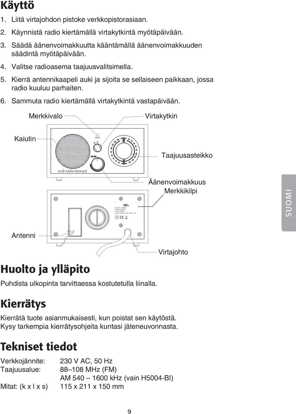 Merkkivalo Virtakytkin Kaiutin Taajuusasteikko Äänenvoimakkuus Merkkikilpi SUOMI Antenni Virtajohto Huolto ja ylläpito Puhdista ulkopinta tarvittaessa kostutetulla liinalla.