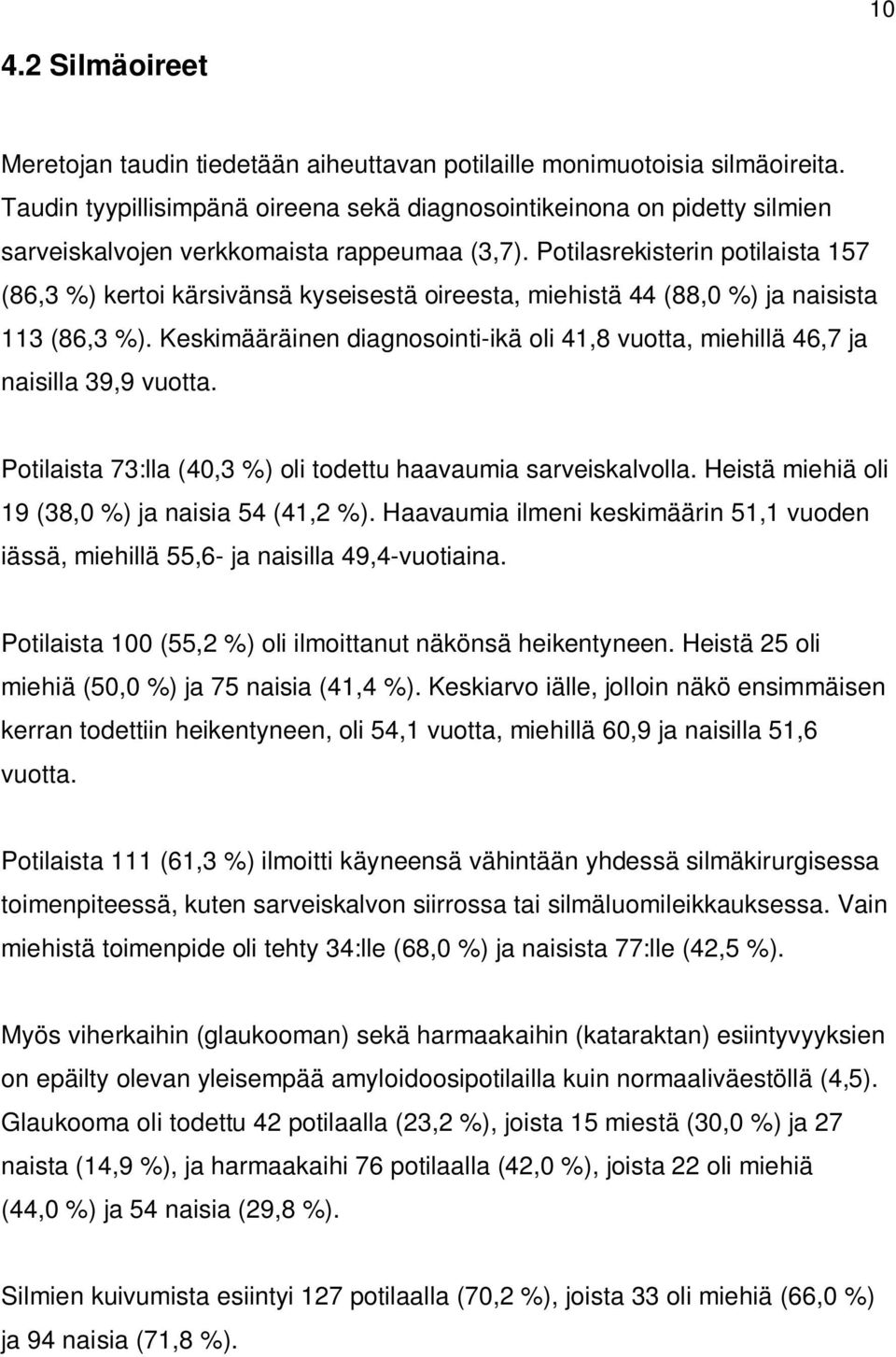 Potilasrekisterin potilaista 157 (86,3 %) kertoi kärsivänsä kyseisestä oireesta, miehistä 44 (88,0 %) ja naisista 113 (86,3 %).