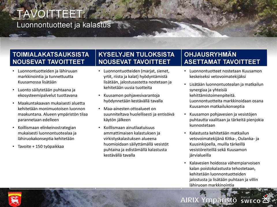 Alueen ympäristön tilaa parannetaan edelleen Koillismaan elinkeinostrategian mukaisesti luonnontuotealaa ja lähiruokakonseptia kehitetään Tavoite + 150 työpaikkaa Luonnontuotteiden (marjat, sienet,