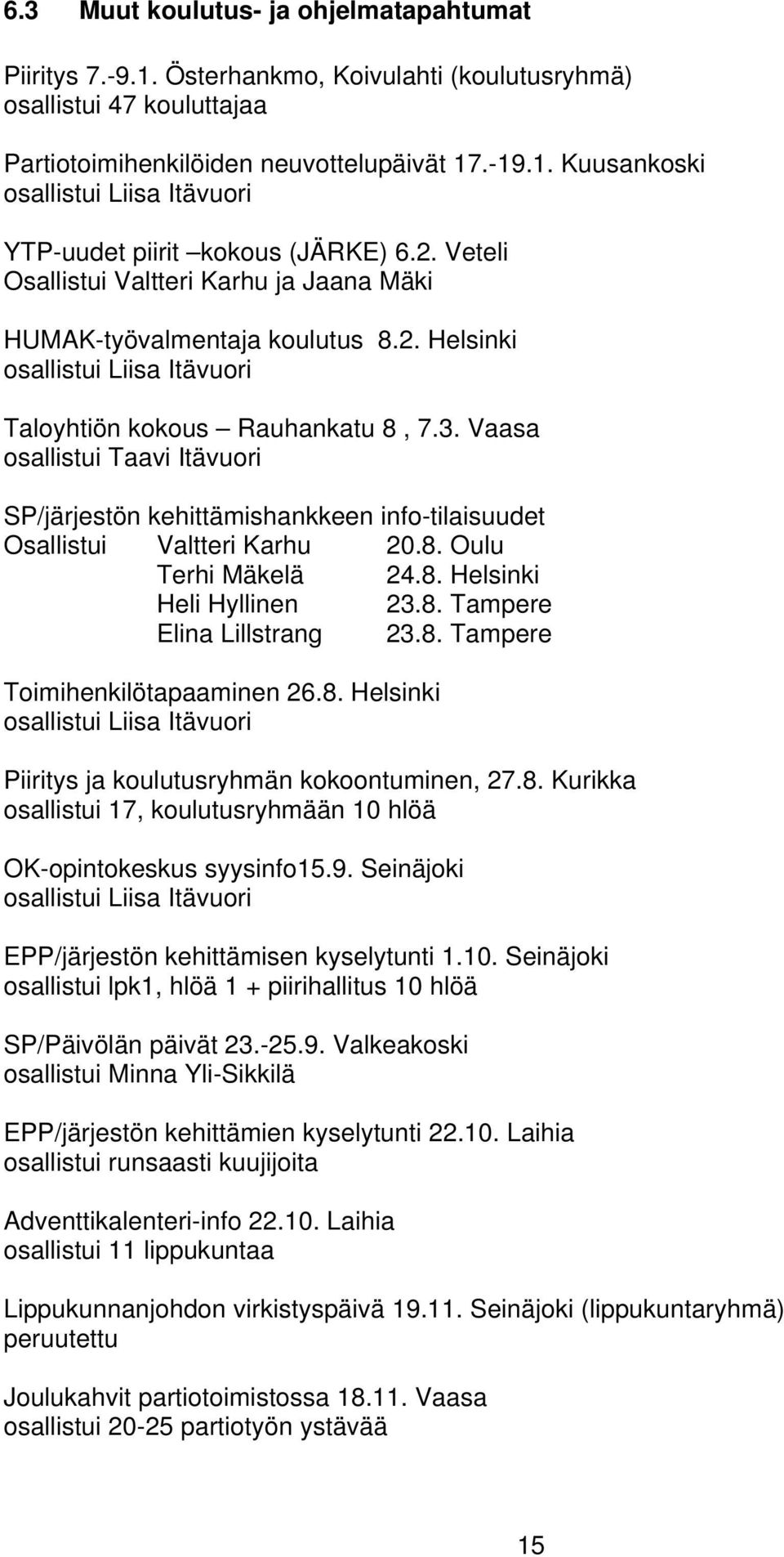 Vaasa osallistui Taavi Itävuori SP/järjestön kehittämishankkeen info-tilaisuudet Osallistui Valtteri Karhu 20.8. Oulu Terhi Mäkelä 24.8. Helsinki Heli Hyllinen 23.8. Tampere Elina Lillstrang 23.8. Tampere Toimihenkilötapaaminen 26.