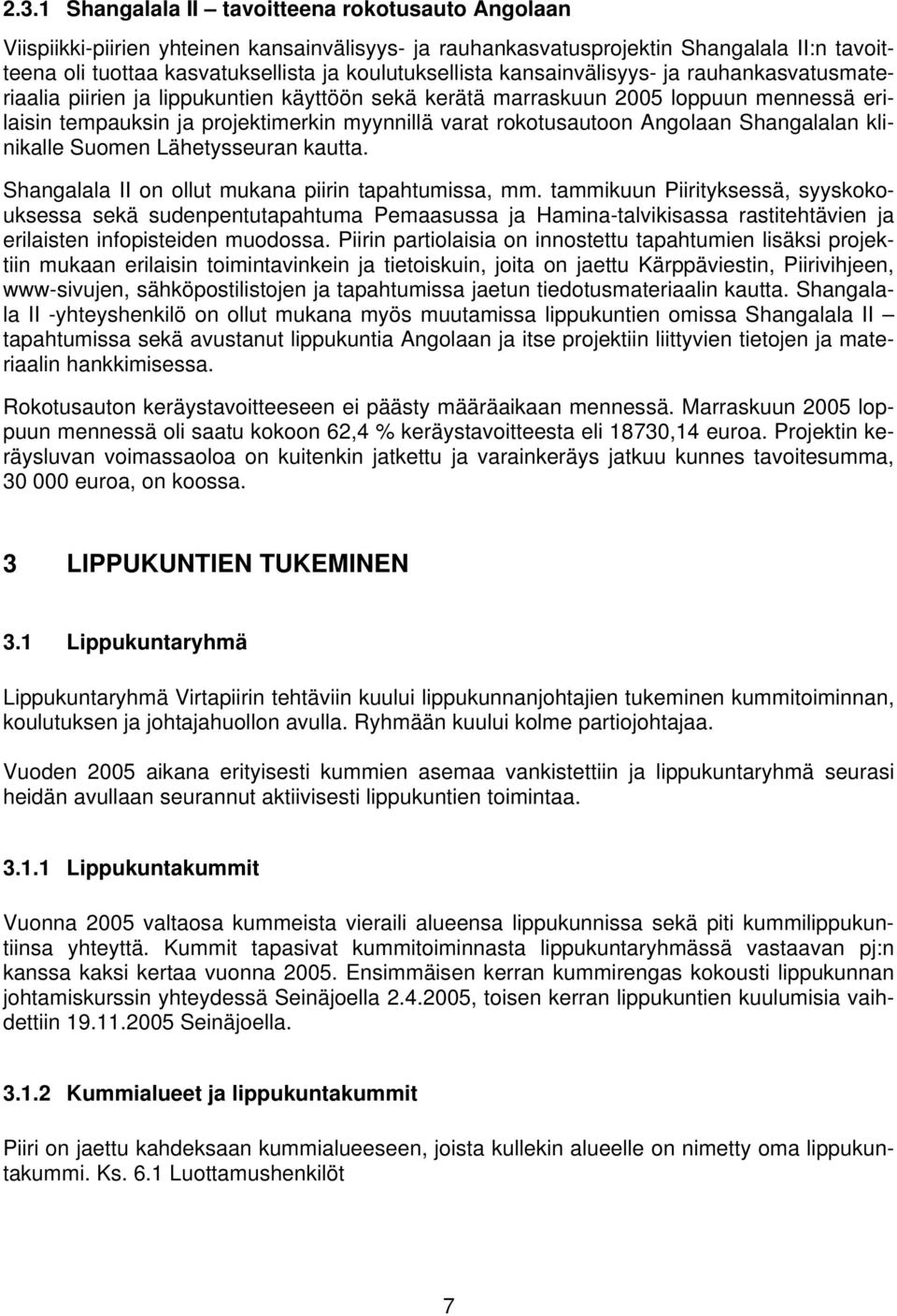 rokotusautoon Angolaan Shangalalan klinikalle Suomen Lähetysseuran kautta. Shangalala II on ollut mukana piirin tapahtumissa, mm.