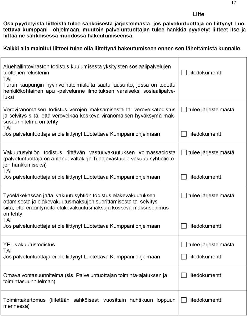 17 Aluehallintoviraston todistus kuulumisesta yksityisten sosiaalipalvelujen tuottajien rekisteriin TAI Turun kaupungin hyvinvointitoimialalta saatu lausunto, jossa on todettu henkilökohtainen apu