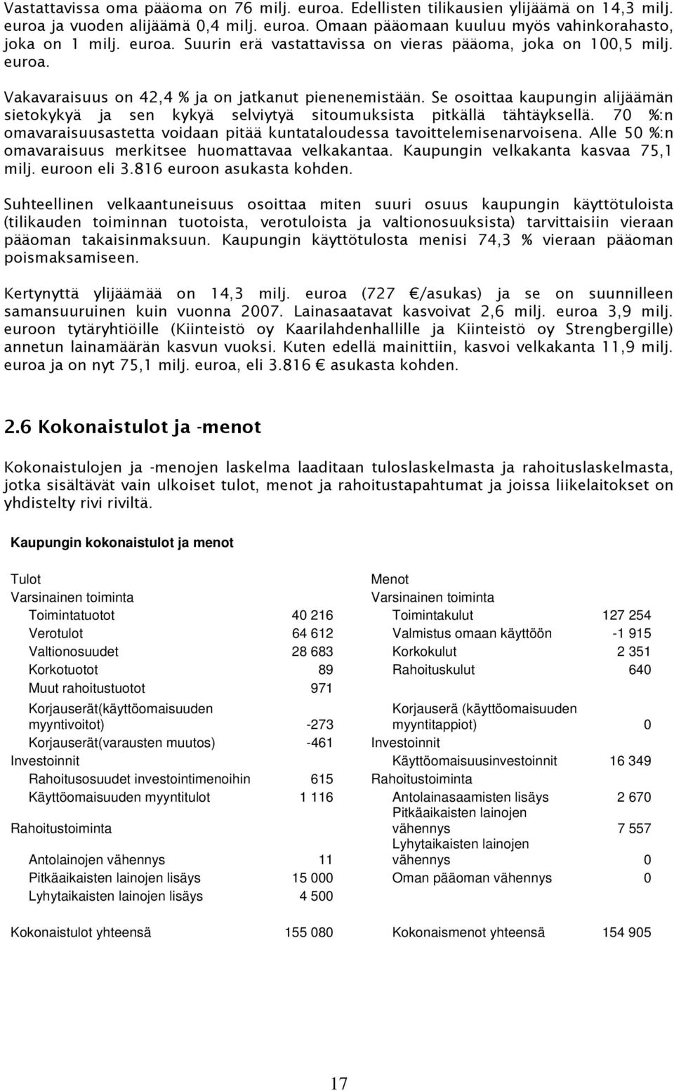 70 %:n omavaraisuusastetta voidaan pitää kuntataloudessa tavoittelemisenarvoisena. Alle 50 %:n omavaraisuus merkitsee huomattavaa velkakantaa. Kaupungin velkakanta kasvaa 75,1 milj. euroon eli 3.