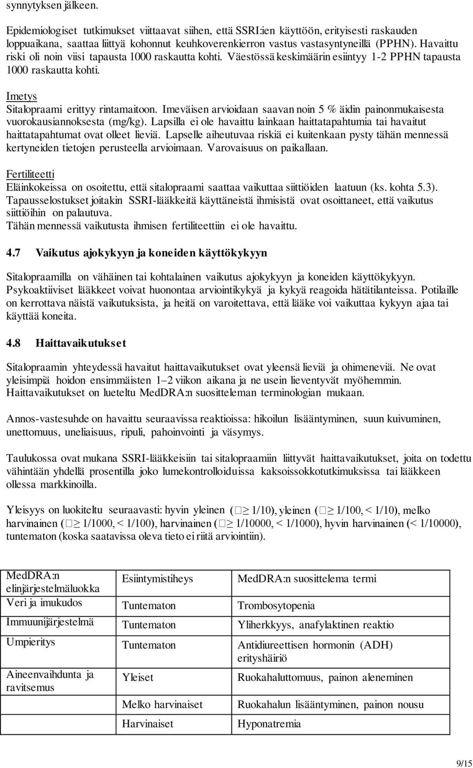 Havaittu riski oli noin viisi tapausta 1000 raskautta kohti. Väestössä keskimäärin esiintyy 1-2 PPHN tapausta 1000 raskautta kohti. Imetys Sitalopraami erittyy rintamaitoon.