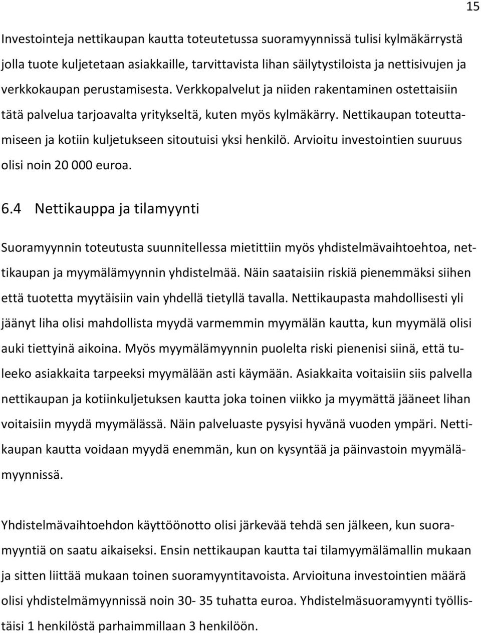 Nettikaupan toteuttamiseen ja kotiin kuljetukseen sitoutuisi yksi henkilö. Arvioitu investointien suuruus olisi noin 20 000 euroa. 6.